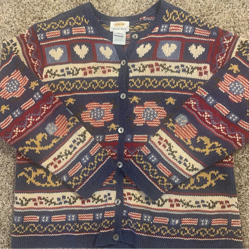 Talbots Americana Hearts Vintage 90s Linen Blend Hand Knit Cardigan Sweater - Picture 7 of 13